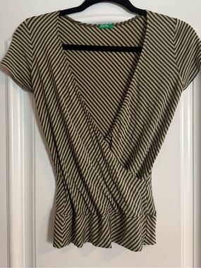 United Colors Of Benetton Olive Green & Cream Striped Wrap Top Dress